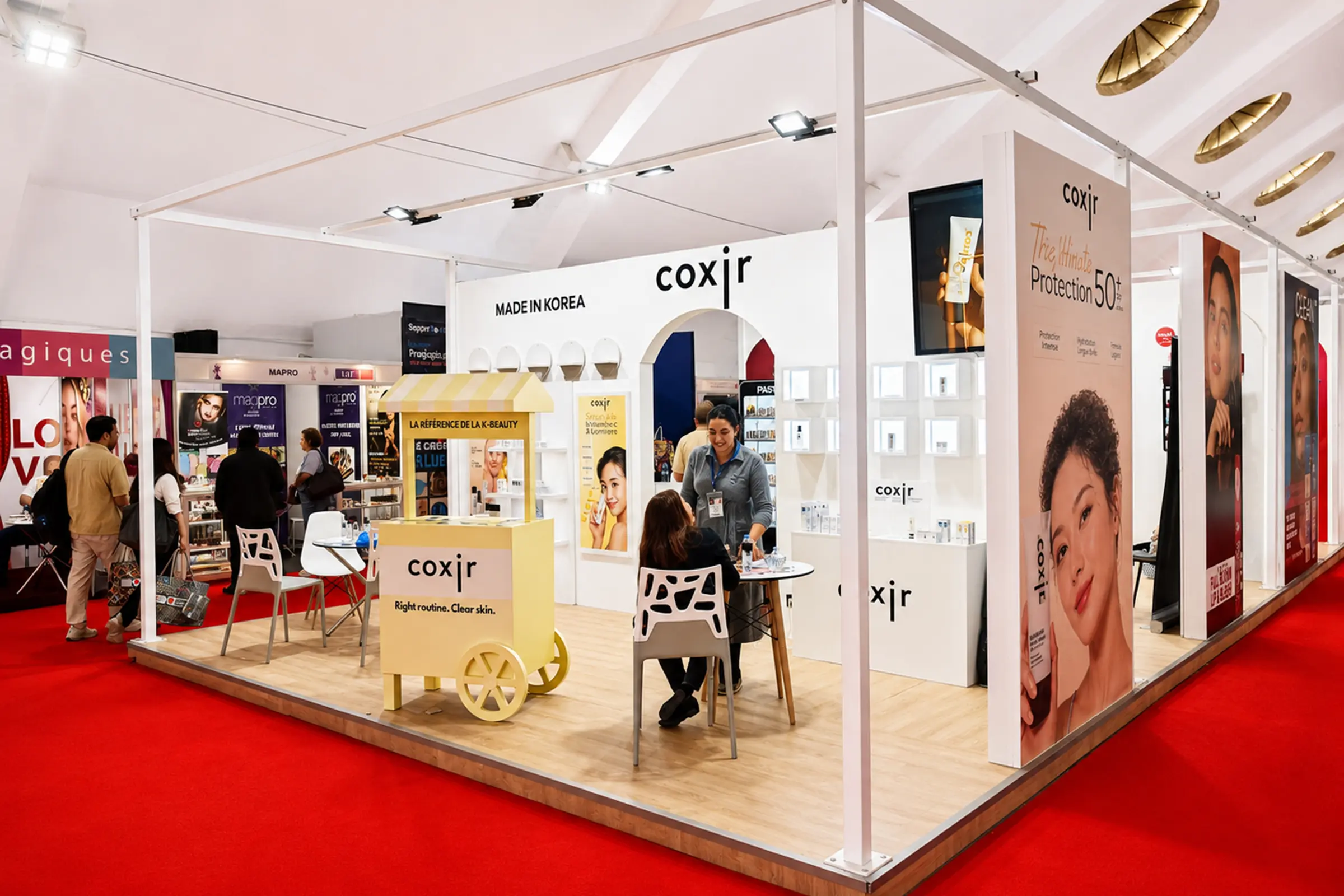 Vue face du stand Absolute NewYork, Pastel, Urbane Care, Coxir au salon Cosmetista Expo Casablanca 2026 , design contemporain, structure ouverte et présentoirs d'expositions de produits