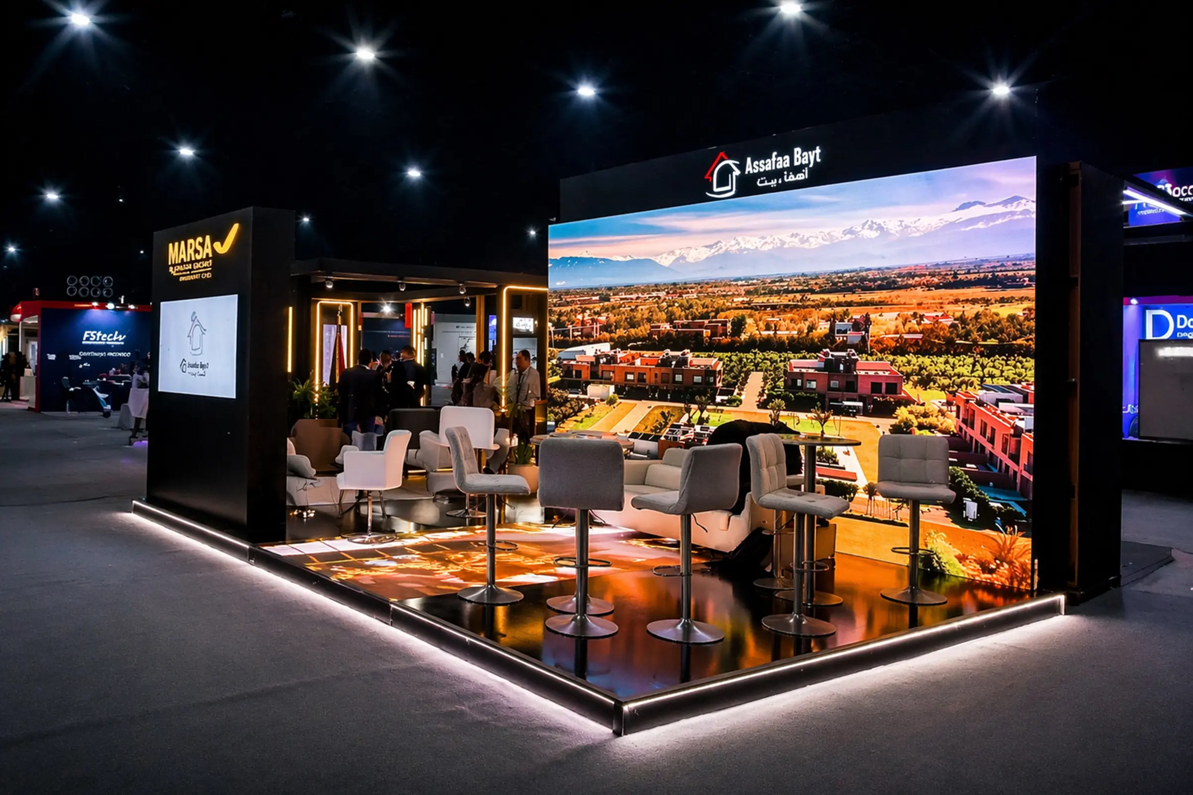 Stand Assafa Bayt au GITEX Africa Marrakech 2026, vue extérieure en angle, architecture moderne avec éclairage LED et espaces d’accueil professionnels 