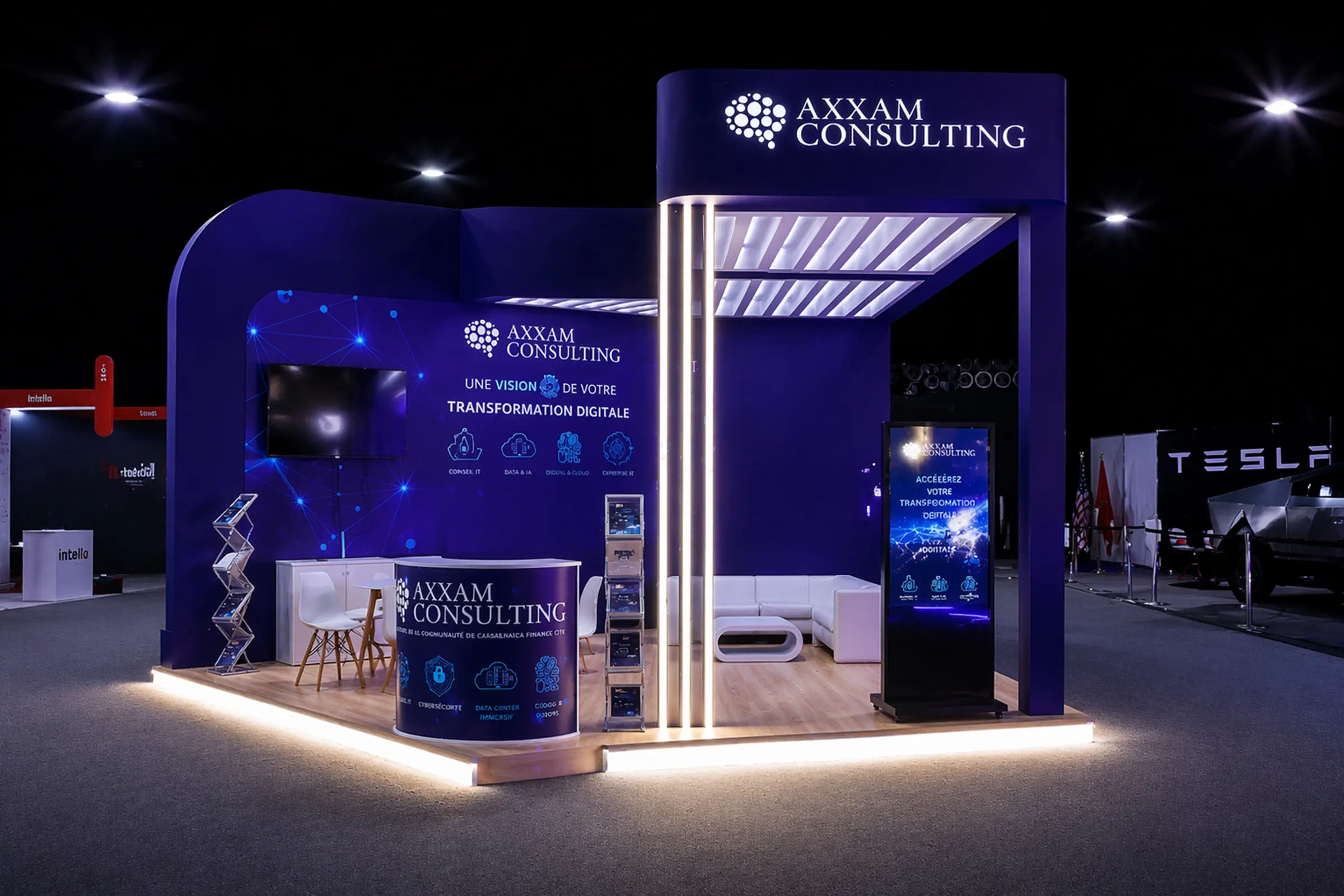 Vue extérieure du stand Axxam au salon GITEX Africa Marrakech 2026, design moderne, structure ouverte et zones de démonstration technologique