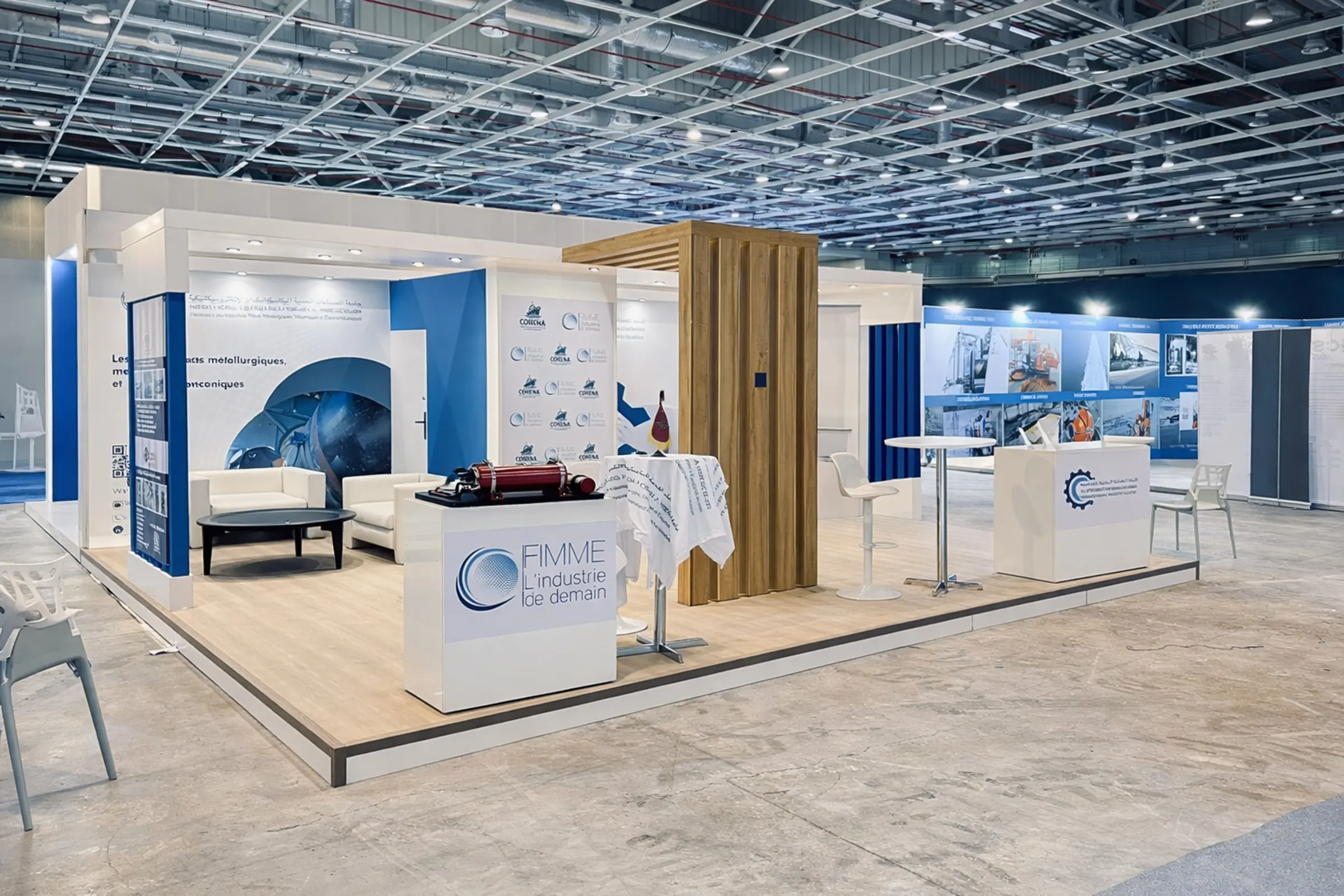 Stand FIMME au Salon International des ports et de leur écosystème, SIPORTS 2026 à El Jadida, vue face d’un stand d’exposition sur mesure dédié aux solutions industrielles et métallurgiques