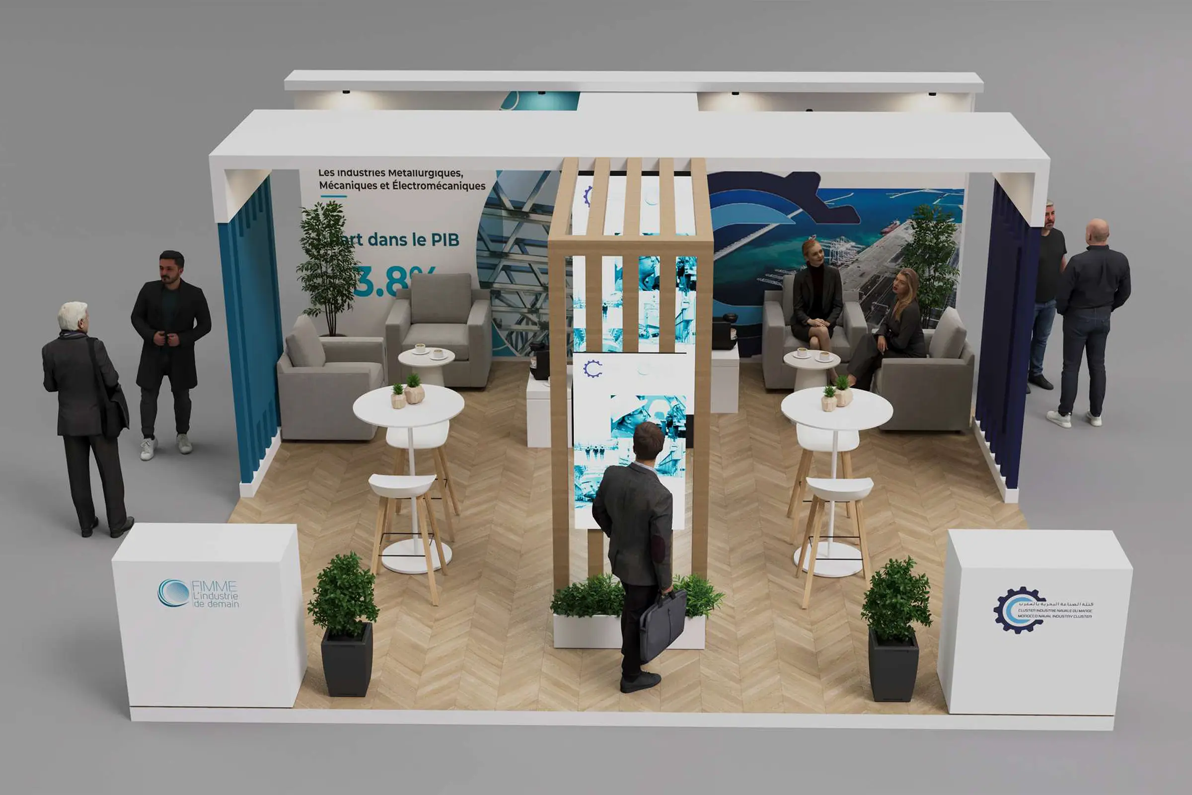 Maquette du stand FIMME au SIPORTS 2026 à El Jadida, stand professionnel à l’architecture industrielle moderne et à la signalétique technique