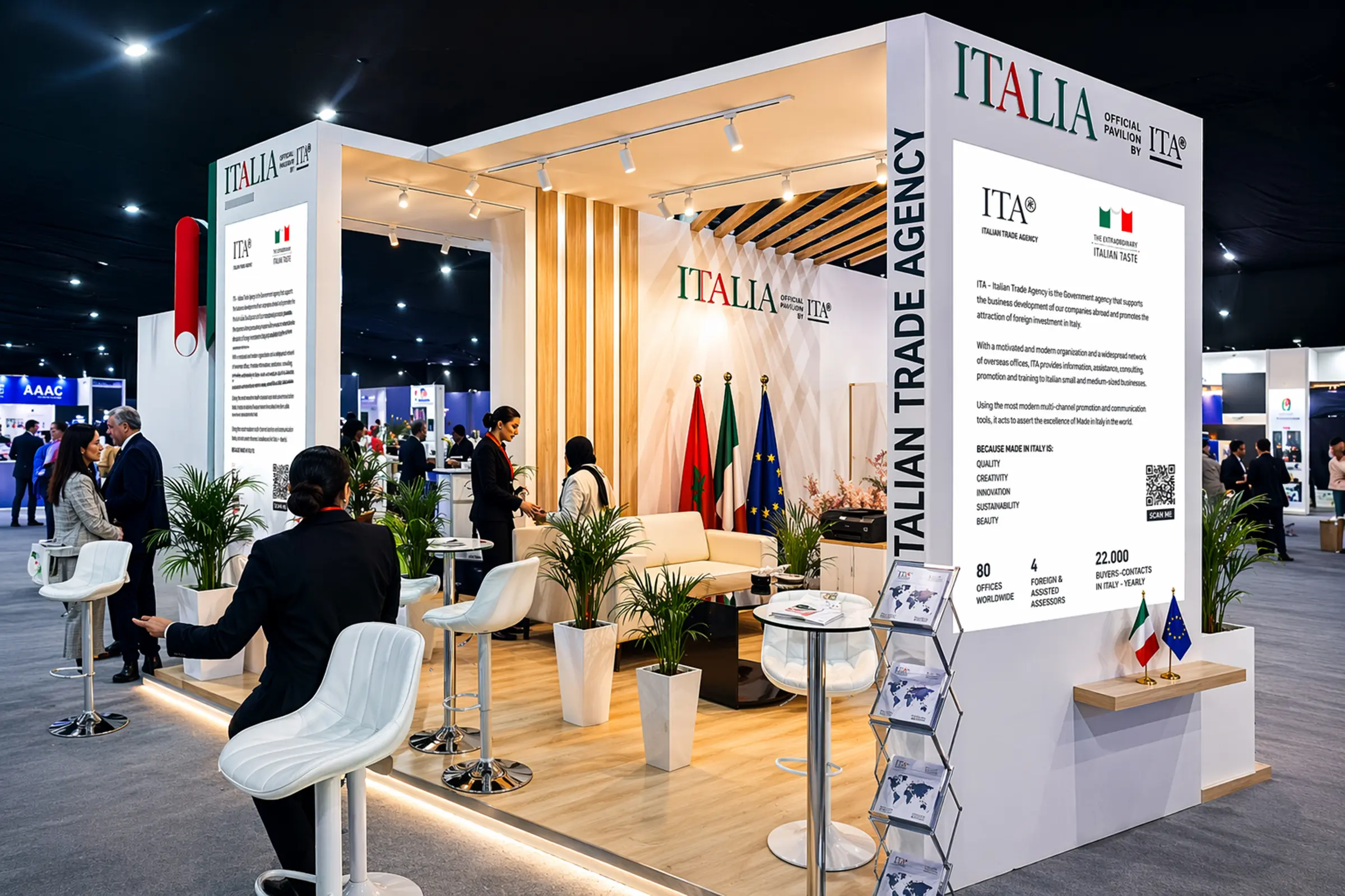 Vue extérieure du stand Italian Trade Agency, ITA au salon GITEX Africa Marrakech 2026, design moderne, structure ouverte et zones de démonstration technologique