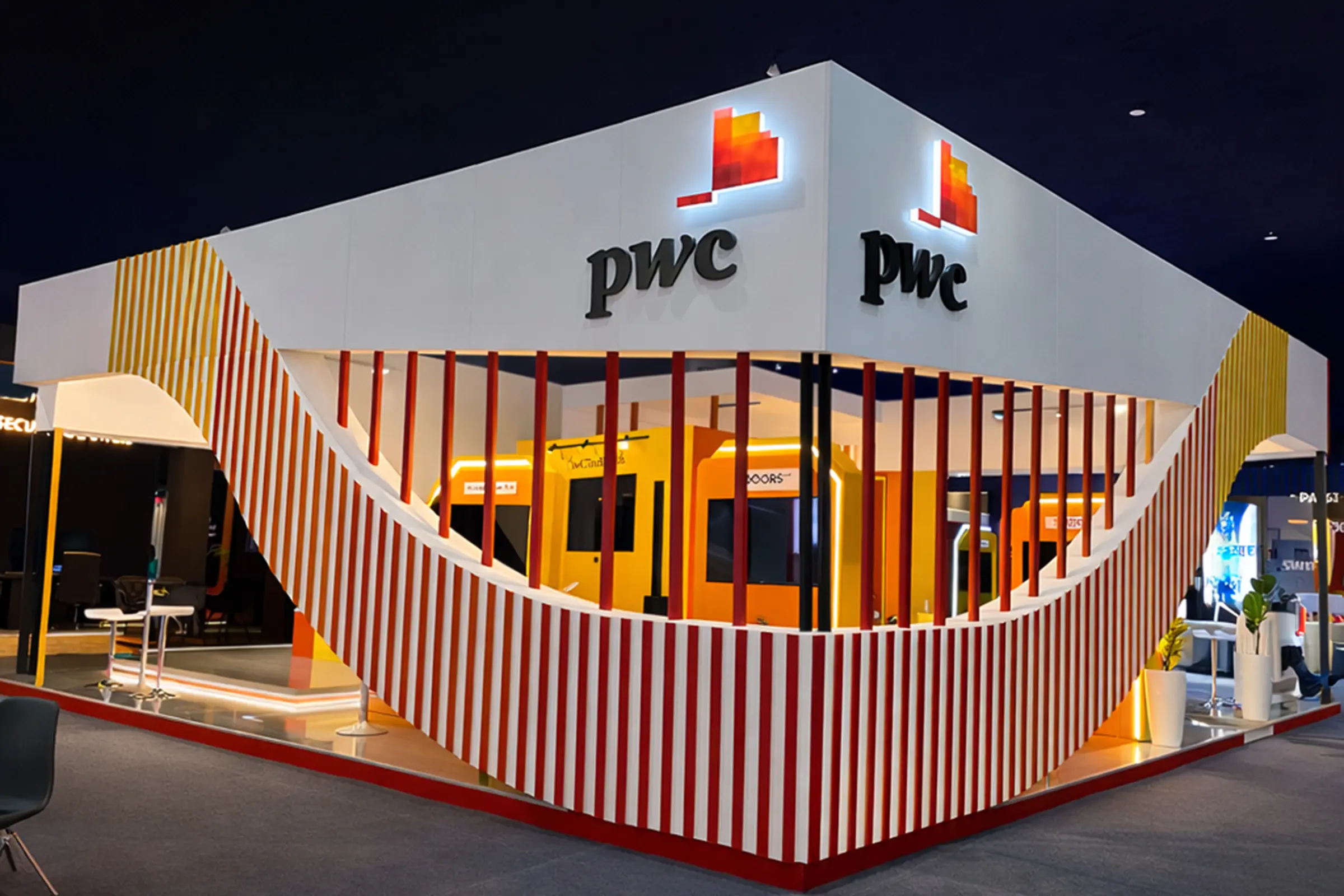 Stand PWC au GITEX Africa Marrakech 2025, vue extérieure en angle, architecture moderne avec éclairage LED et espaces d’accueil professionnels 