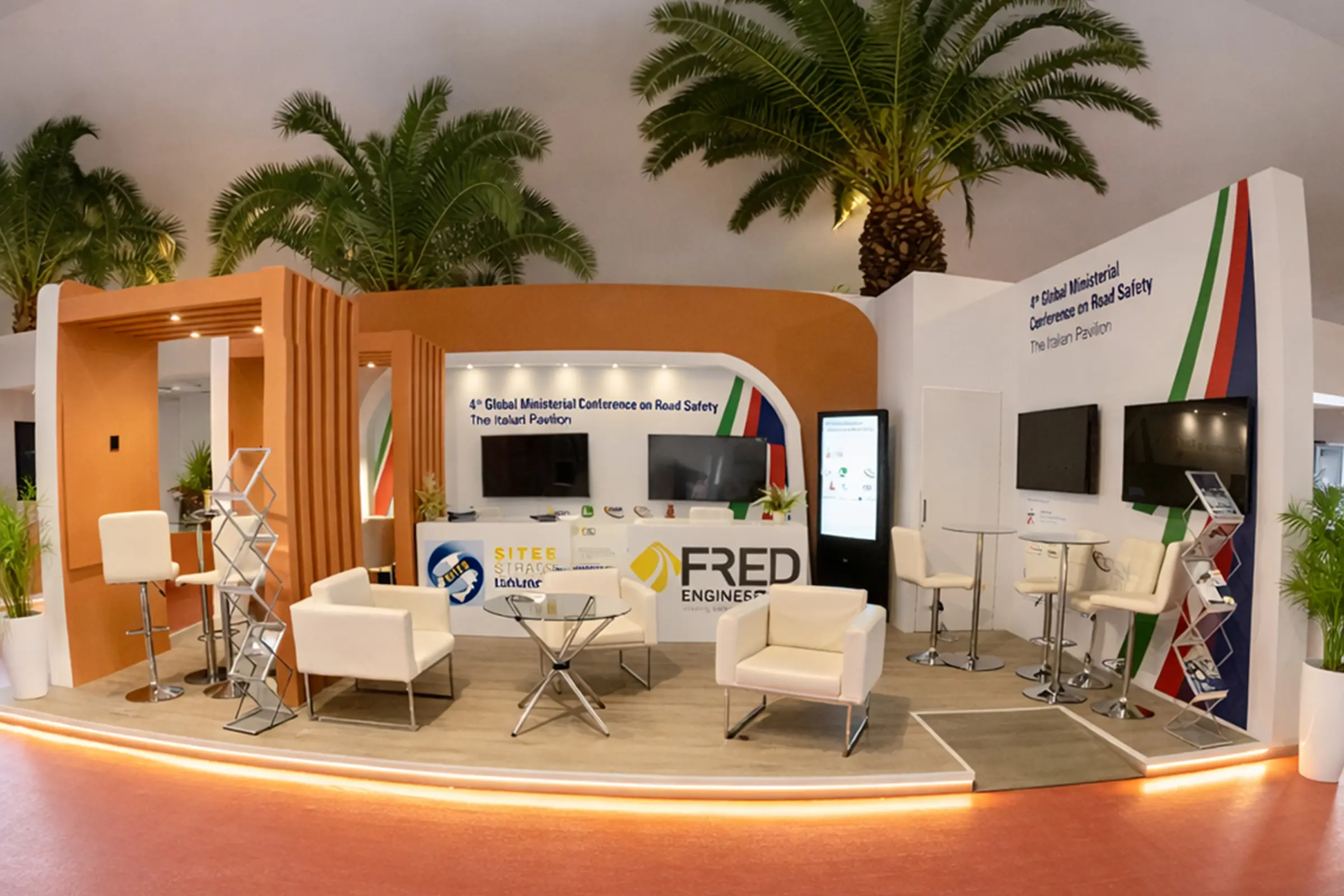 Pavillon italien à la Conférence Ministérielle Mondiale de la Sécurité Routière 2025, espace institutionnel aménagé pour la délégation italienne